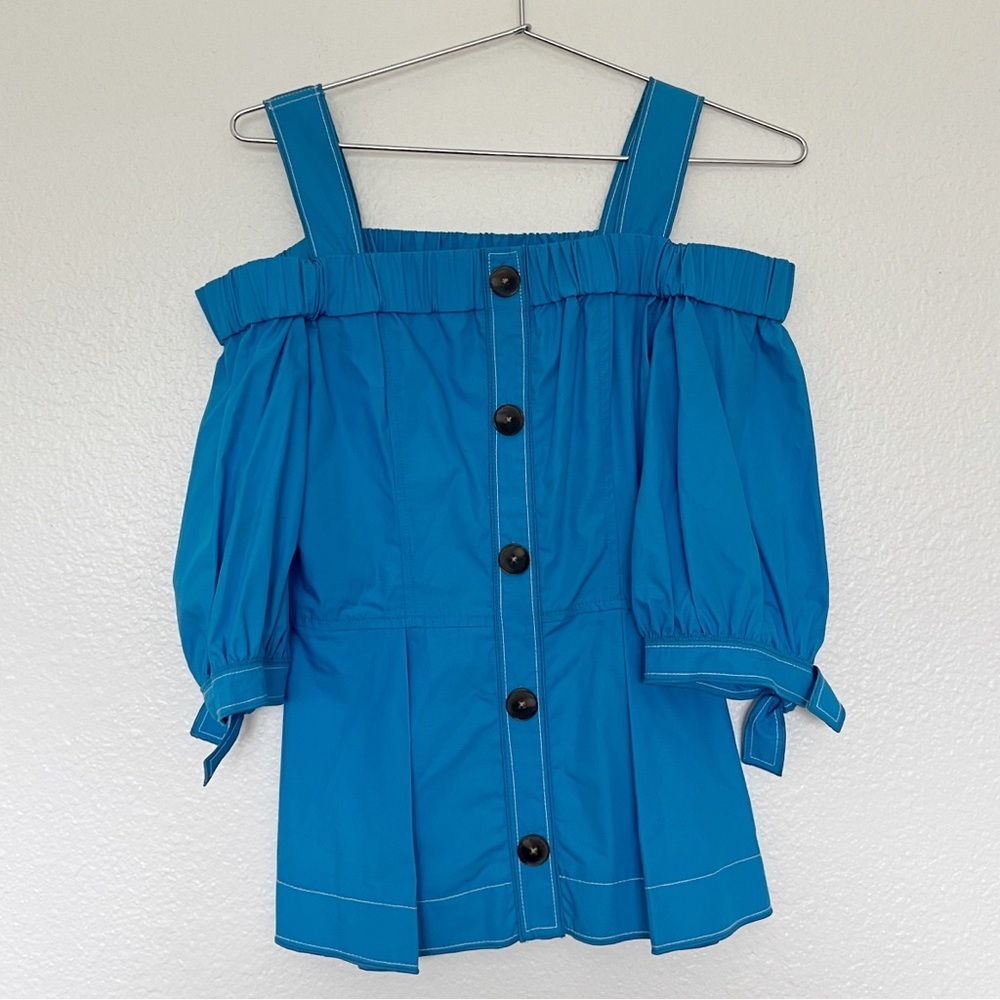 10 CROSBY DEREK LAM Blue 3/4 Sleeve Off the Shoulder Shirt Blouse SZ 2